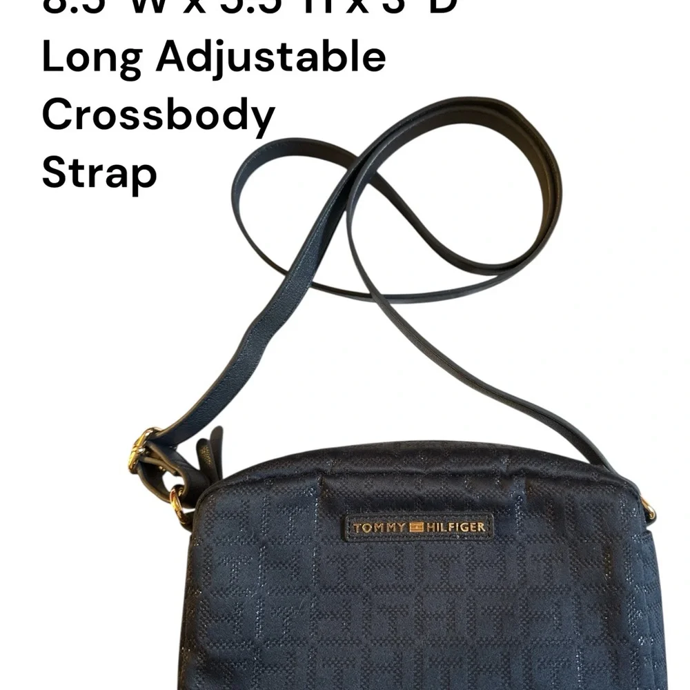 Tommy Hilfiger Dark Navy Monogram Crossbody Bag Adjustable Strap Gold Hardware - Picture 11 of 14